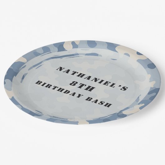Assiettes En Carton Bleu Camo Militaire Anniversaire (Angle)