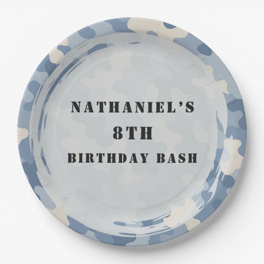 Assiettes En Carton Bleu Camo Militaire Anniversaire (Devant)