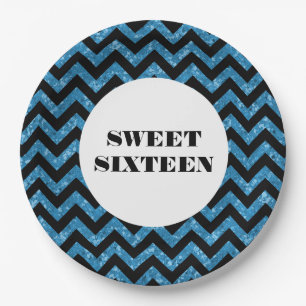 Assiettes En Carton Bleu Chevron Parties scintillant sucré 16 plaques 
