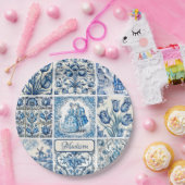 Assiettes En Carton Bleu Chic toile blanche de jouy Poupées et fleurs (Fête)