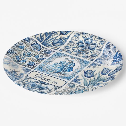 Assiettes En Carton Bleu Chic toile blanche de jouy Poupées et fleurs (Angle)