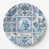 Assiettes En Carton Bleu Chic toile blanche de jouy Poupées et fleurs (Devant)