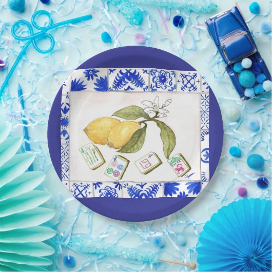 Assiettes En Carton bleu citron mahjong (Fête)
