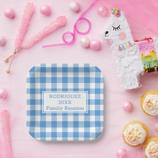 Assiettes En Carton Bleu clair Blanc Buffle Chèque Réunion de famille (Fête)