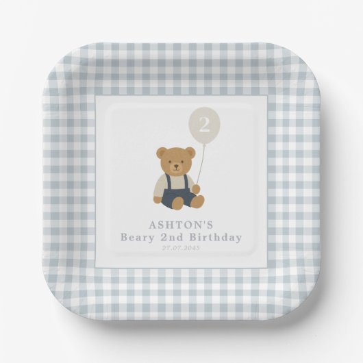 Assiettes En Carton Bleu clair En vichy Teddy Bear Anniversaire (Recto)