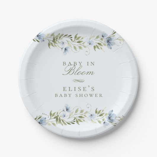Assiettes En Carton Bleu clair fleuri Wreath Baby dans le Baby shower  (Devant)