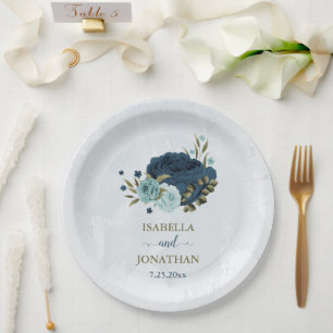 Assiettes En Carton bleu clair marine fleurs mariage
