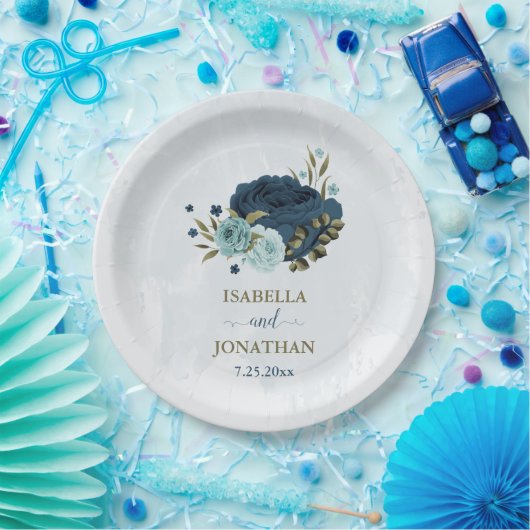 Assiettes En Carton bleu clair marine fleurs mariage (Fête)