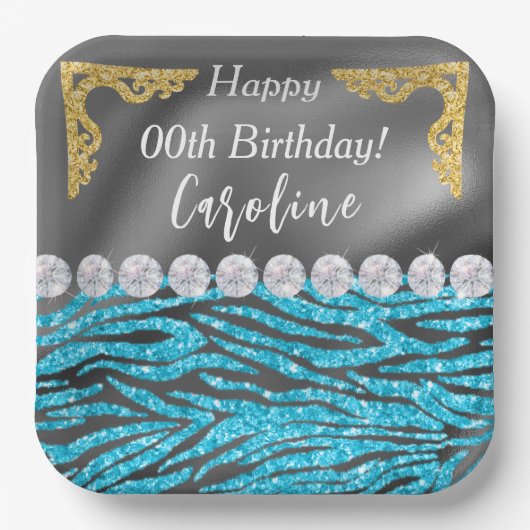 Assiettes En Carton Bleu clair Zèbre Imprimer & Or Argent Anniversaire (Recto)