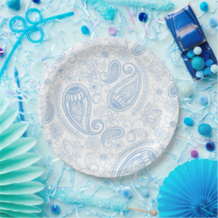 Assiettes En Carton Bleu Classeux Paillettes Paisley Floral Motif Blan