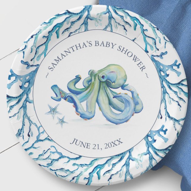 Assiettes En Carton Bleu côtier Aquarelle Baby shower Octopus Boy