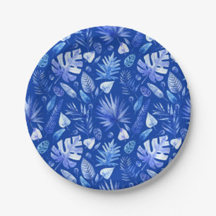 Assiettes En Carton Bleu de Cobalt sur bleu Feuille Tropical Motif 7"