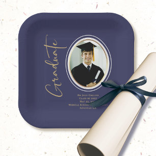 Assiettes En Carton Bleu de la Marine - Script de graduation en or Pho