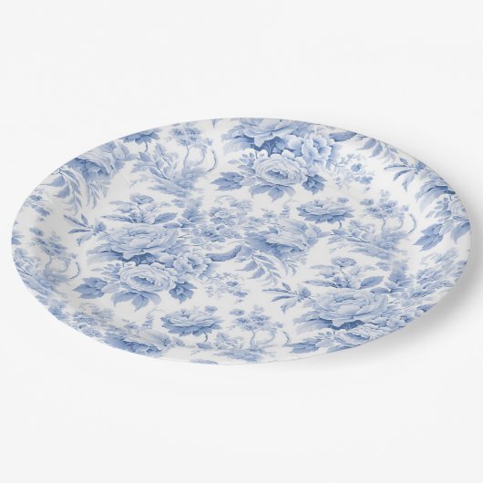 Assiettes En Carton Bleu de toile à fleurs (Angle)