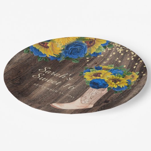 Assiettes En Carton Bleu de tournesol rustique Bottes Roses doux 16 (Angle)