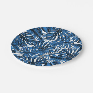 Assiettes En Carton Bleu Denim Moyen Feuilles de Palmier Tropicales Ma