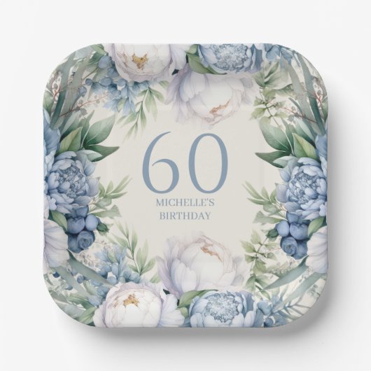 Assiettes En Carton Bleu Duché Blanc Floral 60e anniversaire (Recto)