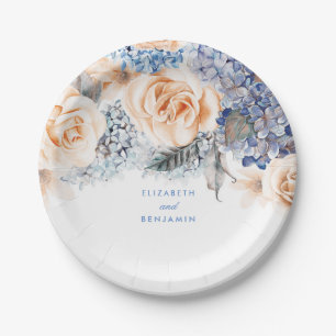 Assiettes En Carton Bleu Dusty et Pêcher Floral Élégant mariage