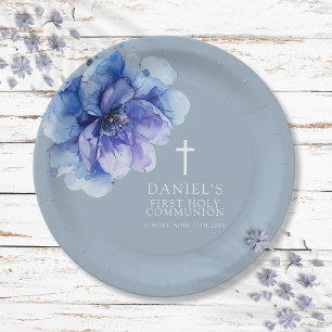 Assiettes En Carton Bleu Elegant Aquarelle Floral Sainte Communion