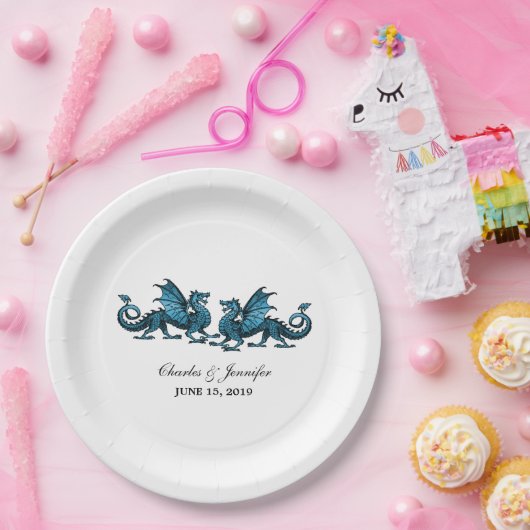 Assiettes En Carton Bleu Élégant Dragons Mariage Plaques de papier (Fête)