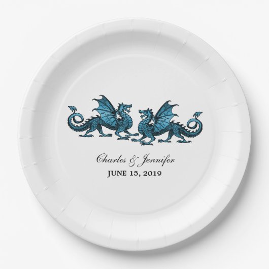 Assiettes En Carton Bleu Élégant Dragons Mariage Plaques de papier (Devant)