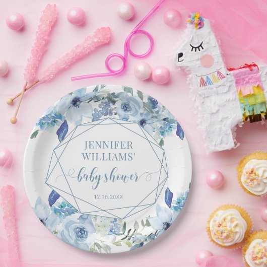 Assiettes En Carton Bleu élégant fleuri bébé garçon plaque de papier d (Fête)