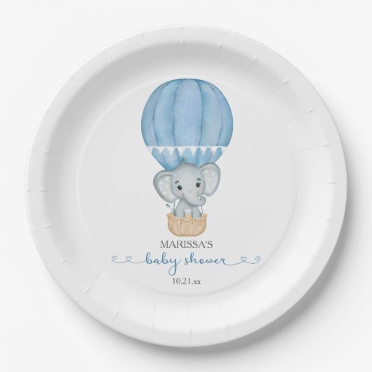Assiettes En Carton Bleu Eléphant Baby Boy Douche Plaque en papier (Devant)