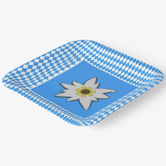 Assiettes En Carton Bleu et blanc avec Edelweiss Oktoberfest (Angulaire)