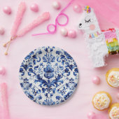 Assiettes En Carton Bleu et blanc Delft style ornement floral motif (Fête)