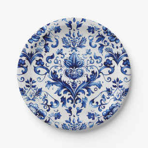 Assiettes En Carton Bleu et blanc Delft style ornement floral motif