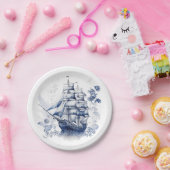 Assiettes En Carton Bleu et blanc Delft voilier en mer (Fête)
