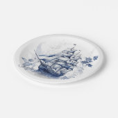 Assiettes En Carton Bleu et blanc Delft voilier en mer (Angle)