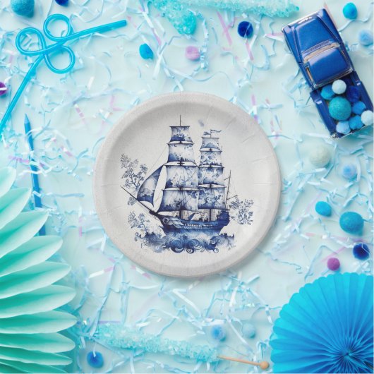 Assiettes En Carton Bleu et blanc Delft voilier en mer (Fête)