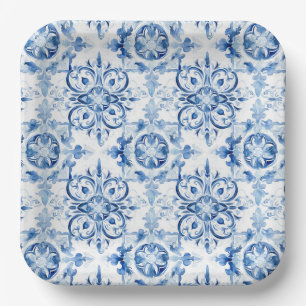 Assiettes En Carton Bleu et blanc Italien aquarelle carreaux motif
