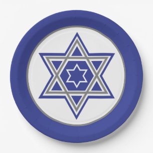 Assiettes En Carton Bleu et blanc, motif à plusieurs étoiles de David