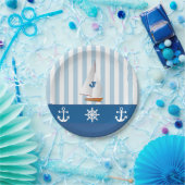 Assiettes En Carton Bleu et Blanc Nautique thème Monogramme design. (Fête)