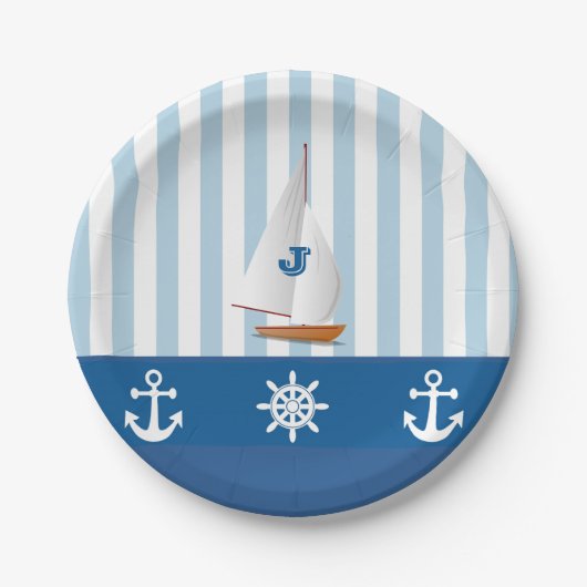 Assiettes En Carton Bleu et Blanc Nautique thème Monogramme design. (Devant)
