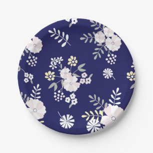 Assiettes En Carton Bleu et blanc rayures florales