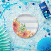 Assiettes En Carton Bleu et blanc Rayures Florales roses (Fête)