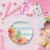 Assiettes En Carton Bleu et blanc Rayures Florales roses (Fête)