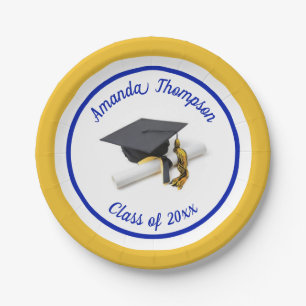 Assiettes En Carton Bleu et Gold Graduation Cap et Tassel   Personnali