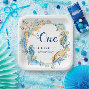 Assiettes En Carton Bleu et or sous la mer Anniversaire