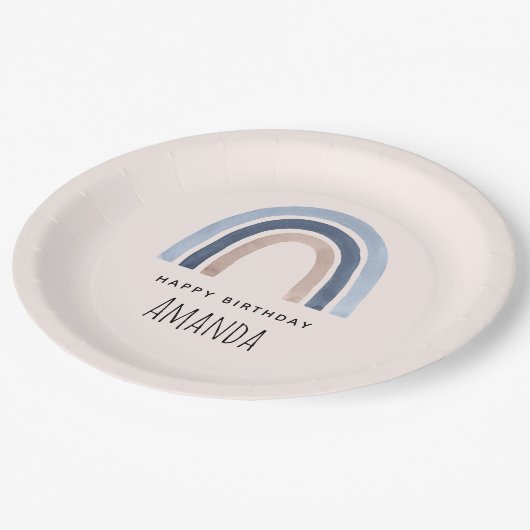 Assiettes En Carton Bleu et Pêche Arc-en-ciel Design Boho Anniversaire (Angle)