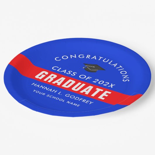Assiettes En Carton Bleu et Rouge Graduation Congrats sur mesure (Angle)