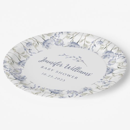 Assiettes En Carton Bleu fleur sauvage fleuri garçon baby shower Plaqu (Angle)