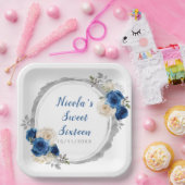 Assiettes En Carton Bleu foncé et argent Sweet sixteen élégant Fleurs (Fête)