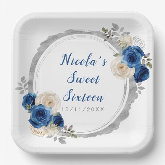 Assiettes En Carton Bleu foncé et argent Sweet sixteen élégant Fleurs (Recto)