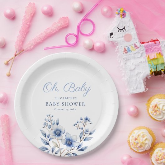 Assiettes En Carton Bleu foncé et Dusty Fleurs sauvages Oh Baby shower (Fête)