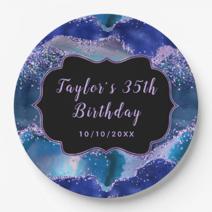 Assiettes En Carton Bleu foncé et mauve Océan Agate Anniversaire