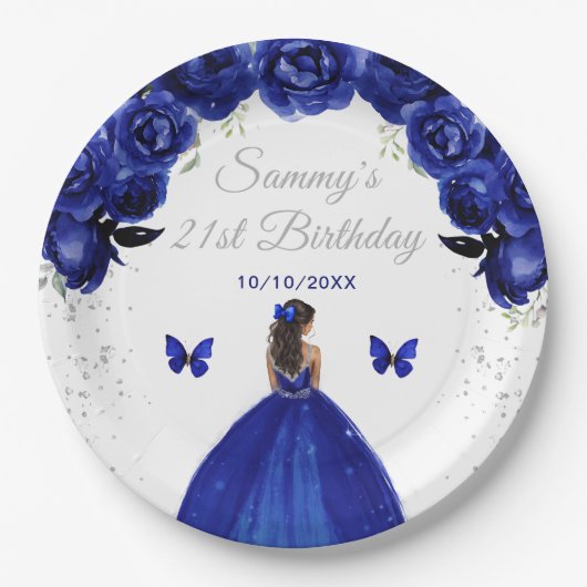 Assiettes En Carton Bleu foncé Peau foncée Princesse Anniversaire (Devant)